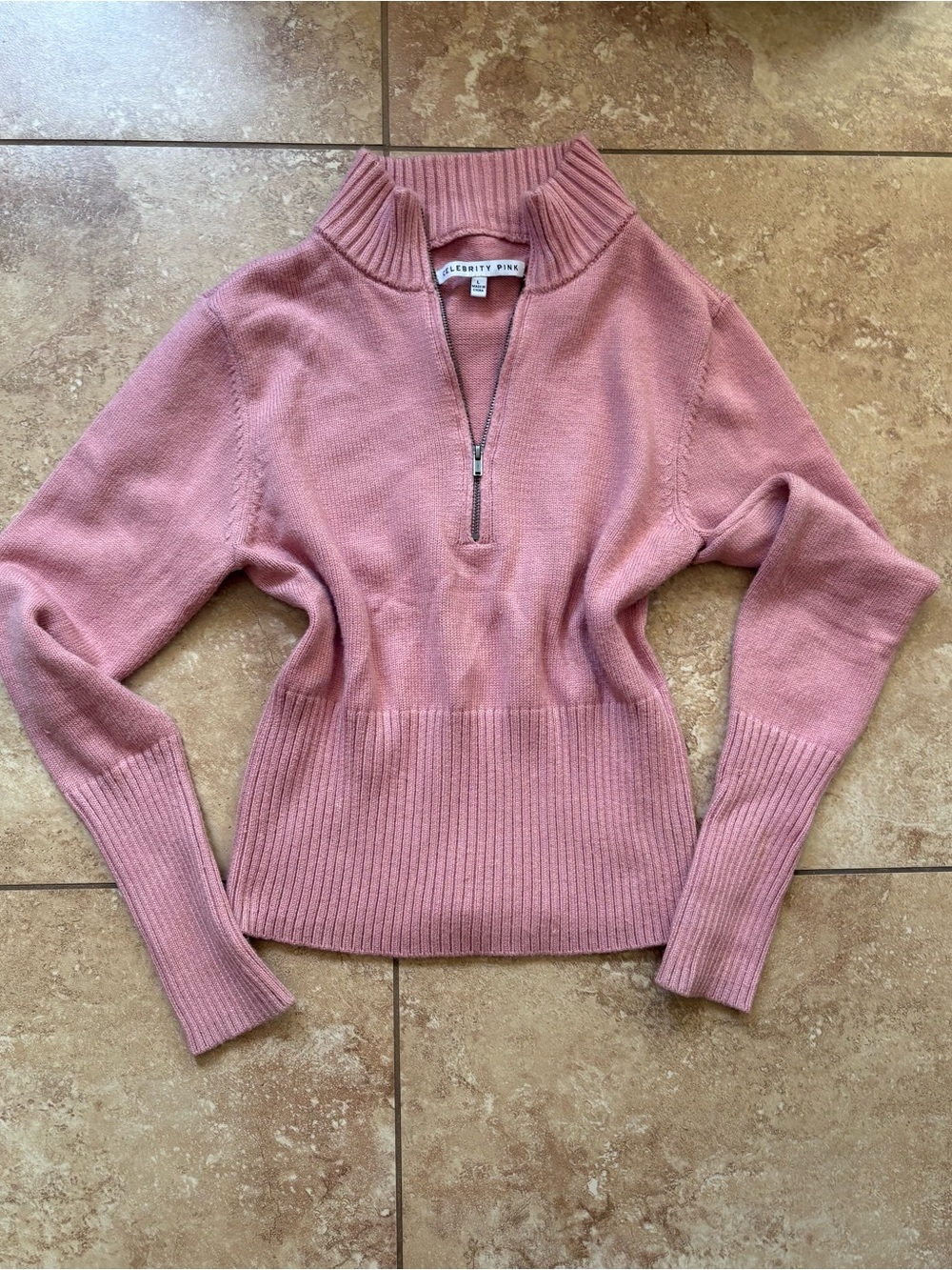 Celebrity Pink Dusty Rose Half-Zip Ribbed Turtleneck Sweater size L coquette